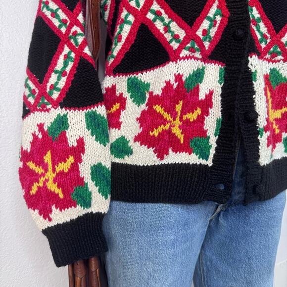 Vintage 90s Hand Knit Cardigan Sweater Christmas Holiday Oversized Small - Picture 3 of 9